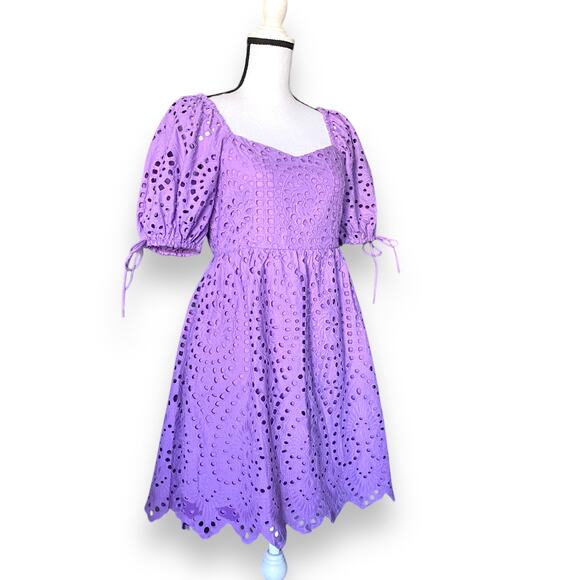 English Factory Scallop Edge Mini Dress Sz S Lavender Purple Puffy Sleeves NWT - Picture 2 of 16